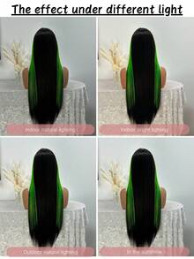 绿色挑染蕾丝前假发，直发假发 13*4 蕾丝前合成假发，黑绿条纹彩色长卷发假发，蓬松卷发假发，耐热合成纤维假发（女士款） - 挑染綠色 - 查看 9