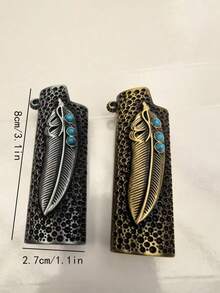 1PC Gold Feather Design Turquoise Embellished Lighter Case - Embossed Metal Textured BIC J6 Feather Turquoise Lighter Shell, Suitable For BIC J6 Lighter Use, Portable Decorative Metal Shell Cover, Snap Closure, Reusable Fashion Decorative Accessory, Ideal Gift Choice For Men Smokers, Father's Day, Birthday Or Daily Use, Perfect Choice For Christmas And Halloween Gifts, |Elegant Appearance - Multiple Styles - View 7