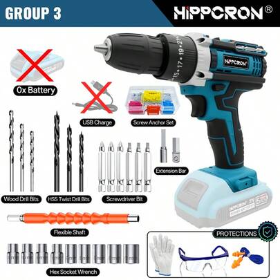 HIPPCRON 21V Cordless Impact Drill Driver Kit 50N.M 25+3 Torque 3/8" Keyless Chuck LED Light Fast Charge Battery +24PCS Accessories
