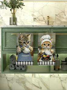 2pcs Cat Pattern Dish Towels, Bathroom Decor, Kitchen Towels, Kitchen Towel Set, Home Decor Cat Tea Towels, Kitchen Supplies, Cleaning Supplies, Kitchen Accessories, Kitchen Storage, Rustic Spring Decor - Kitten - View 4