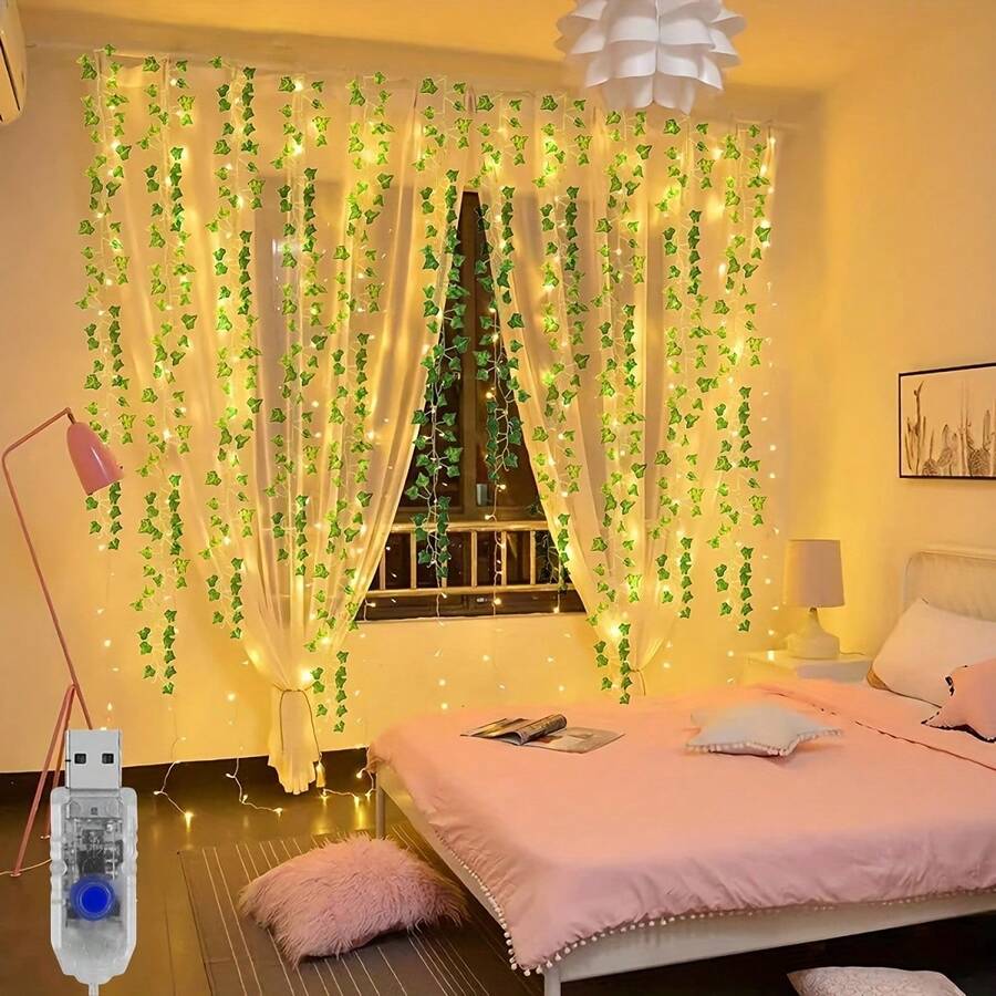 1PC Fairy Lights LED Green Ivy USB Powered String Lights With 300 LEDs 8 Modes Artificial Leaf Vine Wall 3X1m 9.84x3.28ft Garden Lights For Wedding Party Christmas Bedroom Patio Holiday Decor Indoor Outdoor Hanging Garland Without Battery - warm white - 查看 1