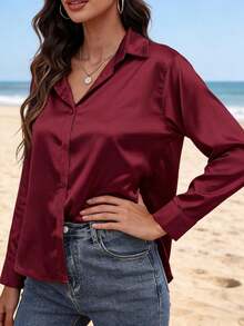 Spring Satin Notch Lapel Blouse Women Business Casual Button Down Shirt Office Work Blouses For Women Dressy Cute Going Out Tops 2026 Fashion Clothes - 酒紅色 - 查看 11