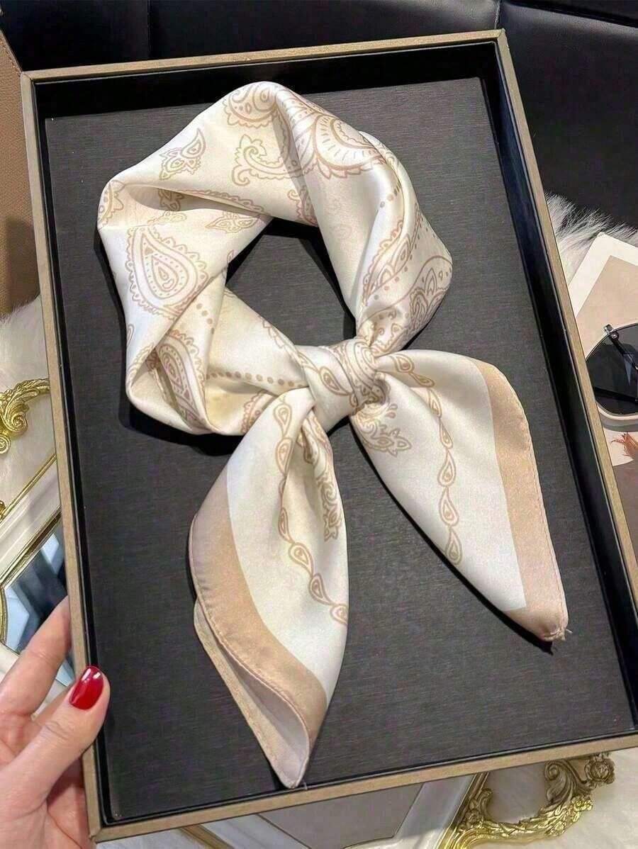 1pc Women Silky Paisley Floral Print 70cm Square Scarf, Versatile Bandana, Waist Tie, Hair Accessory, Fashion Neckerchief - 卡其色 - 查看 1