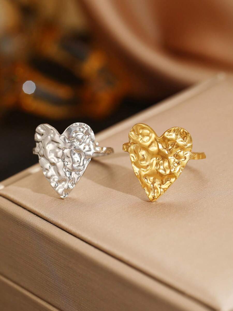 1 pieza Anillo ancho con forma de corazón, elemento texturizado, estilo de lujo minimalista, adecuado para mujeres maduras, para ir al trabajo/exposición, Año Nuevo/aniversario - anillo - Ver 1