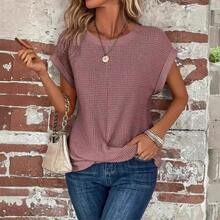 Women's Beige Waffle Knit Round Neck Dolman Short Sleeve Twist Front Hem Casual Top Minimalist Streetwear - 藕色 - 查看 1