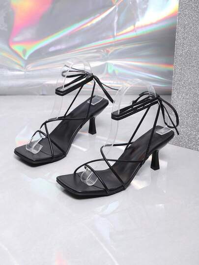 1 Pair High Heel Sandals, Solid Color Soft PU Criss-Cross Strap, PU Ankle Strap Design, Square Toe Slim Heel Wedge Sandals, Suitable For Party, Shopping, Travel, Vacation, Summer New Arrival