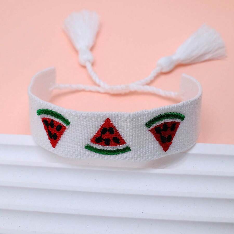 1pc Handmade Embroidered Watermelon Design Bohemian Bracelet, Suitable For Summer Beach Outings And Travel - White - View 1