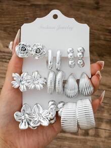 2/6/18pcs Fashionable Women Silver-Tone Earring Set, Includes Rose Flower, Preserved Flower, Orchid, Smooth C-Hoop, Striped C-Hoop, Twisted C-Hoop, Smooth Round Ball, Vertical Stripe Teardrop, Variety Of Textures, Suitable For Pairing With Different Styles - Silver - View 1