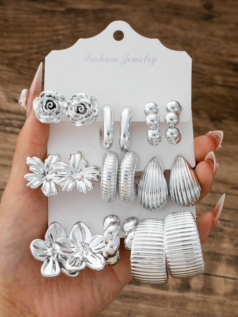 2/6/18pcs Fashionable Women Silver-Tone Earring Set, Includes Rose Flower, Preserved Flower, Orchid, Smooth C-Hoop, Striped C-Hoop, Twisted C-Hoop, Smooth Round Ball, Vertical Stripe Teardrop, Variety Of Textures, Suitable For Pairing With Different Styles - Silver - View 1