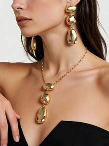 2pcs Set Luxury Asymmetrical Geometric Gold-Plated Earrings + Necklace Jewelry Set, Elegant For Party, Work, And Daily Wear - Yellow Gold - View 3