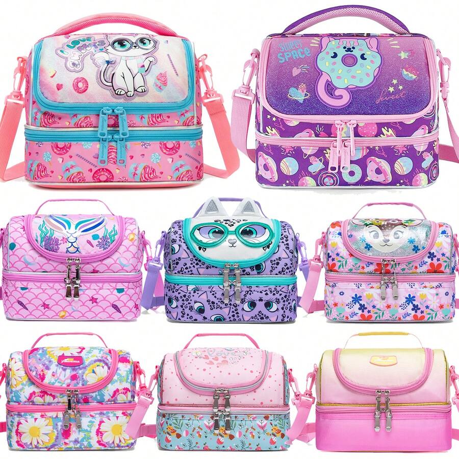 1pc Double-Layer Insulated Lunch Bag, Girls' Thermal Cooler Tote Bag With Adjustable Shoulder Strap - Multicolor Double Layer Lunch Bag - View 1