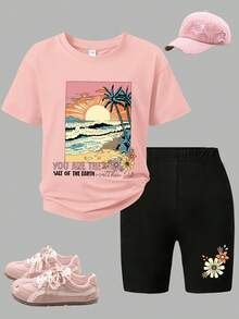 Teen Girl Letter Print Round Neck Short Sleeve T-Shirt And Shorts Set, Suitable For Vacation And Daily Outings - Pink - View 1