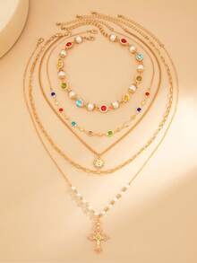 5pcs/Set Crystal-Embellished Cross & Flower Pendant Necklace Set, Suitable For Daily Wear, Party, Holiday Gift - Multicolor - View 4