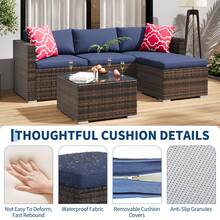 5-Piece Outdoor Sectional Sofa Set, All-Weather PE Rattan Patio Furniture With Ottoman & Tempered Glass Table, Convertible Garden Couch For Backyard, Porch, Poolside - Brown/Navy Blue - View 4
