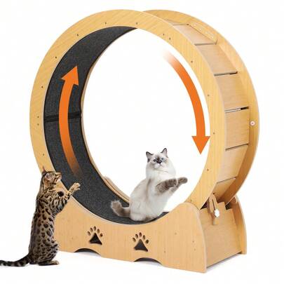 Rueda de ejercicio de madera para gatos, ideal para gatos de interior, cinta de correr grande para gatos con superficie de carrera silenciosa y alfombrada, rueda de ejercicio extraíble para que los gatos corran y caminen.