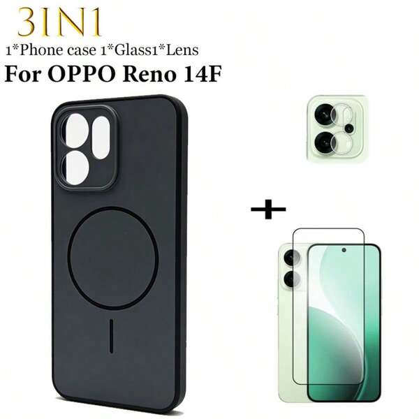 适用于 Reno 14F 的三合一磁吸式模拟手机壳，包含钢化玻璃屏幕保护膜 + 镜头保护膜，全包式防刮防震硬壳手机保护套
