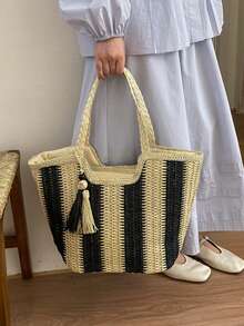2026新款手工编织条纹手提包，大容量草编沙滩包，适合夏季度假 - 黑色 - 查看 2