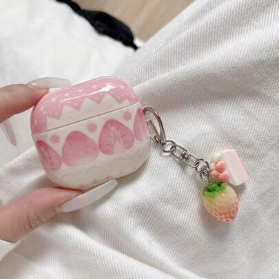 Ốp tai nghe Bluetooth hình dâu tây màu hồng kèm mặt dây chuyền, vỏ bảo vệ chống rơi bằng acrylic, tương thích với Apple 1/2/3/4/Pro/Pro2/Pro3