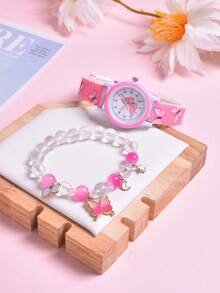 2pcs Set: Fashionable Cartoon Butterfly Print Watch Strap, Creative Student Quartz Wristwatch & Gradient Color Beaded Bracelet For Girls - Pink - View 8
