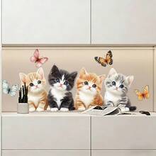 1pc Cute Cat Wall Decal, Colorful Butterfly & Floral Design, Removable Vinyl Wall Art, Perfect For Living Room, Bedroom, Office And Home Decor, Create Modern Aesthetic - Multicolor - View 2