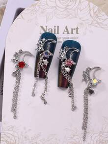 5pcs Star & Moon Chain Nail Decor, Luxury Silver 3D Alloy Metal Nail Jewelry, Multi-Color DIY Nail Art Accessories, Nail Gems, Nail Supplies Nails - Multicolor - View 3
