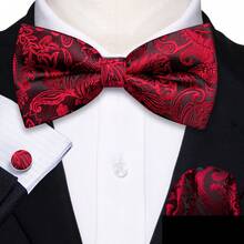 Red Paisley Pre-Tied Bow Tie Pocket Square Cufflinks Set For Men Wedding Formal Party - Red - View 5