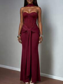 Valentine's Day, Date Night Outfit, Gifts For Her Women's Elegant Burgundy Maxi Dress With Strapless Beaded Corset Bodice, Choker Neckline And Draped Front Sash For Party, Evening Wear - Màu Đỏ Sâu - Xem 5