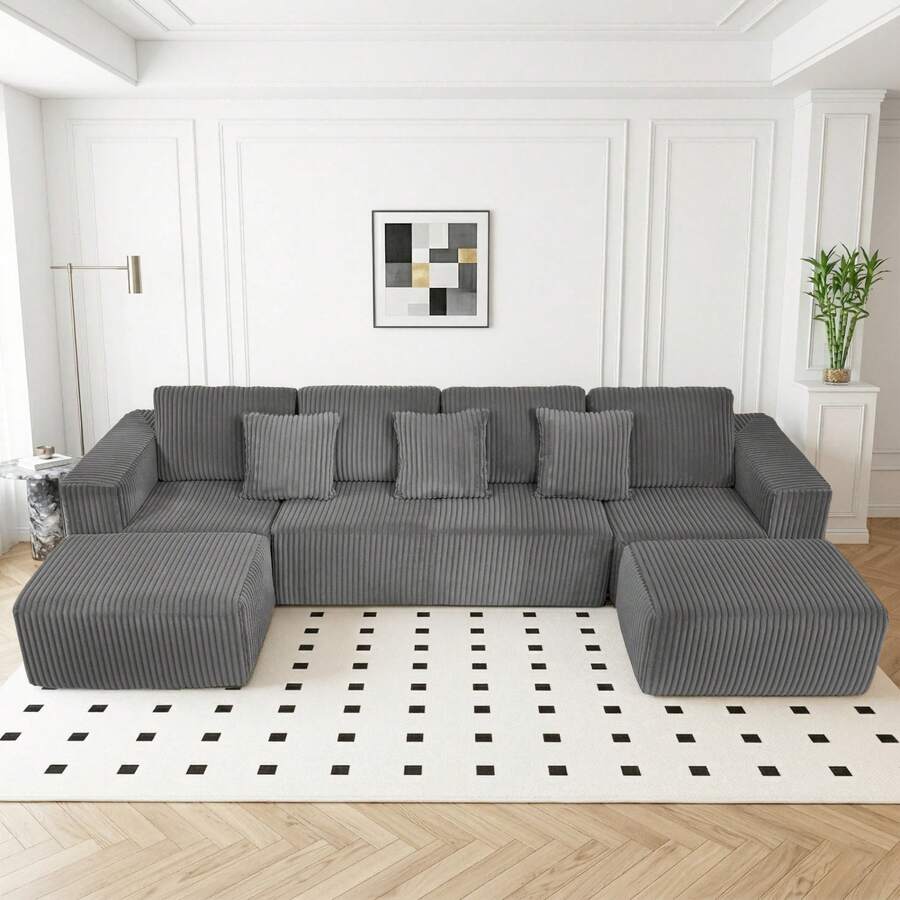 132" Cloud Couch, U Shaped Sectional Couch, Striped Corduroy Modular 6-Seater Sofa For Living Room Bedroom, Reversible Chaise, Free Configuration, No Assembly, Gray - 深灰色 - 查看 1