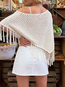 Women's Crochet Slawl Top Hollow Out Off The Shoulder Asymetrical Hem With Tassel Y2K Knitted Pullover Poncho Shawl Lightweight Fringe Wrap Knitwear Cape - trắng - Xem 2