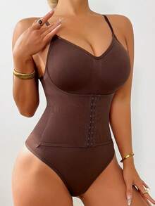 Never me Women's Waist Trainer Bodysuit, Double-Layer Tummy Control, Sleeveless High Stretch Compression - Coffee Brown - View 7