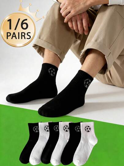 1/6 Pair (3 Black + 3 White), 1 Pair Random Men's Spring/Summer Black & White Football Pattern Comfortable Ribbed Breathable Mid-Calf Sports Socks, Suitable For Daily Wear