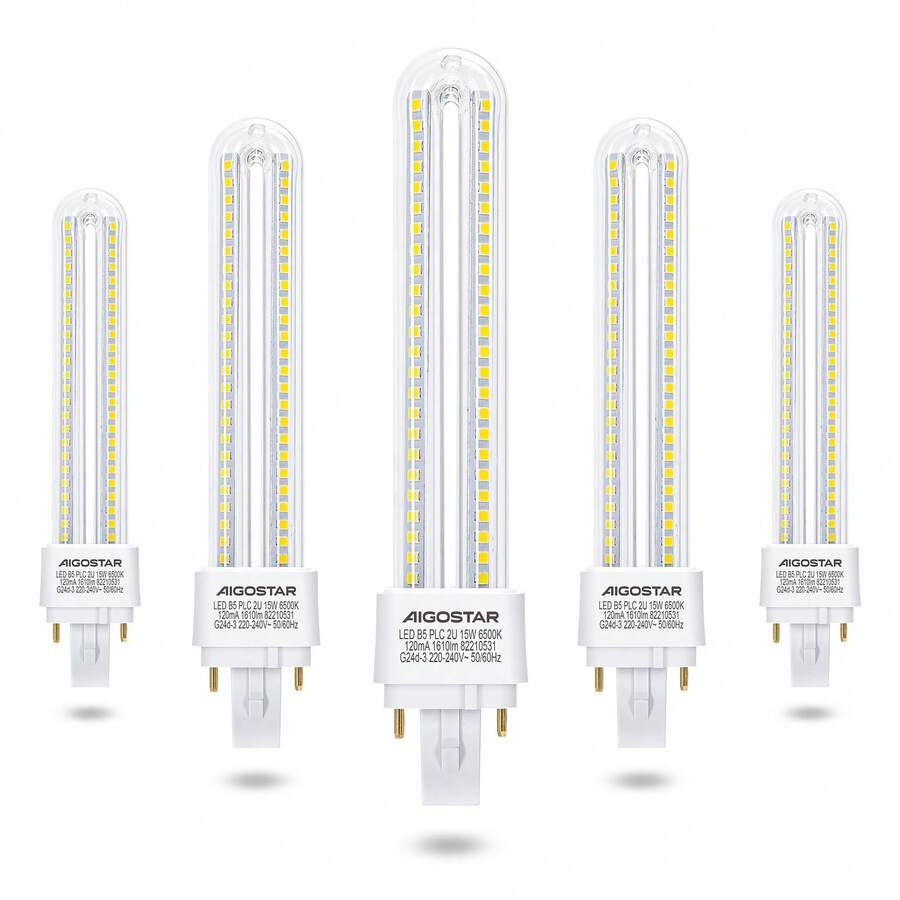 Aigostar Bombilla PLC 2U, Tubo de 15 W, Maiz G24d-3, 2 Pines, Luz fría 6500K, 1610Lm, Pack de 5, No regulable - 15 W - Ver 1