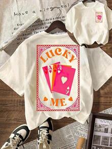 High-Quality Plus-Size Pure Cotton Menswear,Women's Casual Round Neck Short Sleeve "LUEKY ME" Heart & Poker Graphic T-Shirt, Valentine's DaySoft Fabric - 杏色 - 查看 7