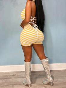 Vaiaye Women's Fashionable Sexy Deep V-Neck Backless Short Sleeve Jumpsuit, Contrast Color Striped Jumpsuit, Women Fitness Wear Summer Elegant - Yellow - View 4