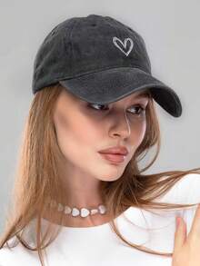 1 pièce Casquette de baseball brodée en forme de cœur, délavée et déchirée, style Y2K, unisexe, pour un usage décontracté quotidien, l'été, la plage - Casquette de baseball brodée de cœur - Voir 3