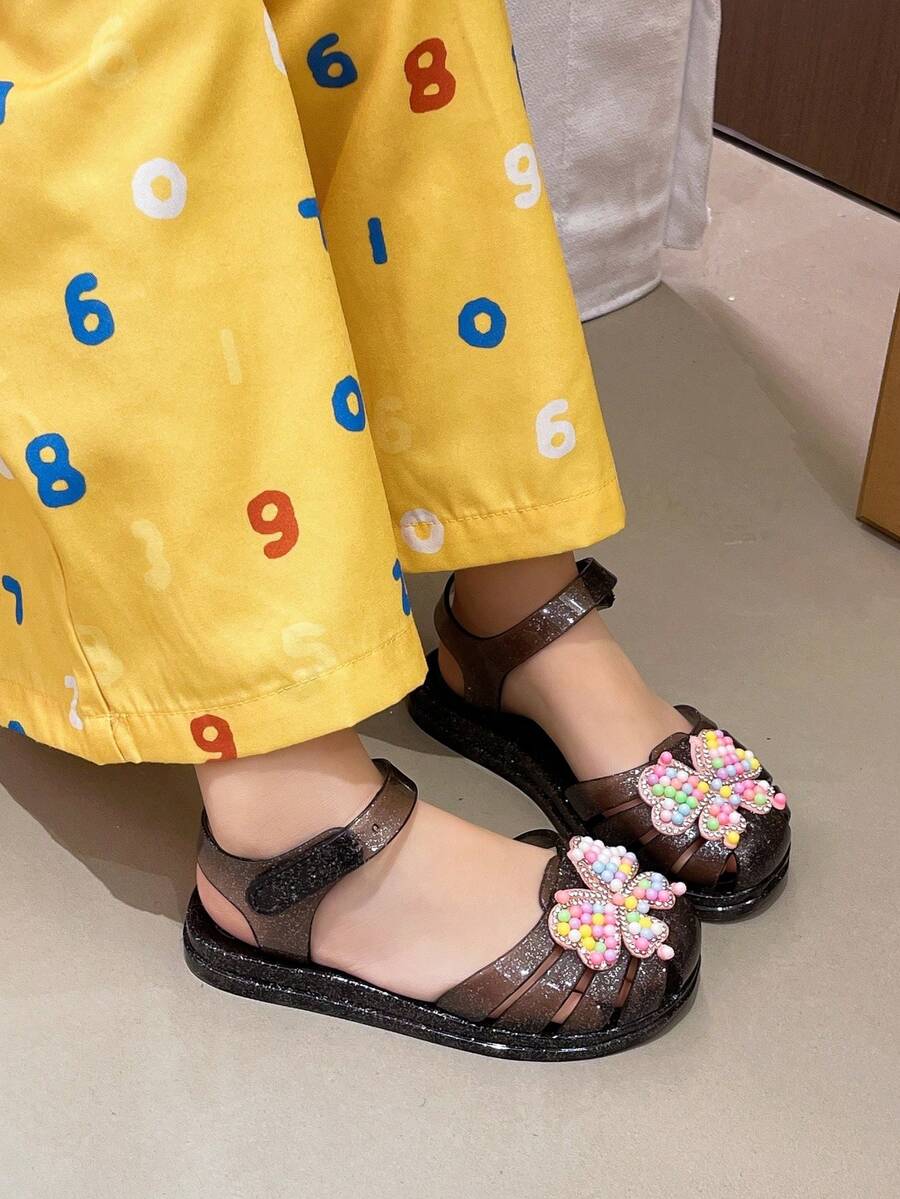 Toddler Girls' Sequin Bow Sandals, Open Toe Ankle Strap Princess Shoes For Summer Beach & Daily Wear - Black - View 1