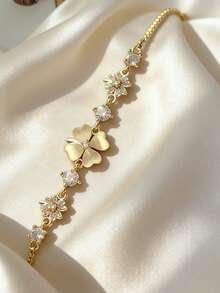 1件优雅四叶草设计可调节手链，铜质手链镶嵌锆石，闪亮夏季饰品 - 金色 - 查看 2
