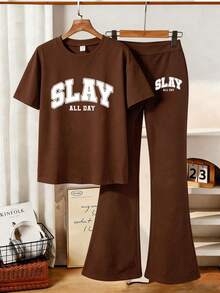 1 Set Of Short Sleeve T-Shirt And Flare Pants Outfit For Tween Girl, Featuring "SLAY" Graphic Print T-Shirt And Flare Pants - Casual Loose, Sporty Short Sleeve, Round Neck Tee For Teenage Girls - Perfect Summer Gift, Suitable For Spring/Summer Wear At School And Outings - Multicolor - View 2