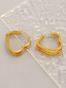 2件套时尚金色多层心形简约线条设计耳环，适合女性日常及节日佩戴 - 金色 - 查看 3