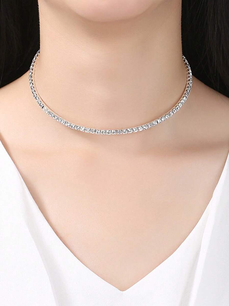 1件装女士合金水钻极简主义颈链 - 銀色 - 查看 1