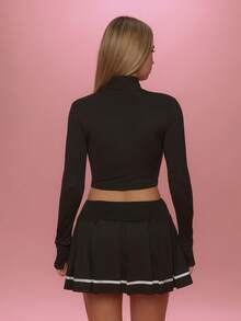 FWH The Playful Campus Set,Stand Collar Crop Jacket / Cropped Zip Jacket / Crop Jacket,High-Waist Color-Block Pleated Skirt With Anti-Peek Design / Flirty High-Waist Pleated Skirt / Color-Block Pleated Mini Skirt,Campus Set / Playful Campus / Campus Chic,Anti-Peek Design For Outdoor Workouts, Crop Jacket And Color-Block Pleated Mini Skirt For Sporty Style,Women's 2-Piece Campus Set Black Spring - 黑色 - 查看 3