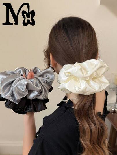 MH 3个装女士纯色山茶花缎面发圈，优雅花卉格纹发绳，时尚日常马尾辫发圈