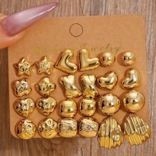 6对/12件装时尚金色海星、贝壳、光滑水滴、纹理C形耳环套装，适合夏季旅行和度假佩戴 - 金色 - 查看 12