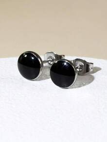 1 par de pendientes redondos de acero inoxidable negro, diseño versátil de moda para mujeres - Negro - Ver 7