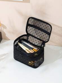1 túi đựng mỹ phẩm lưới hai lớp hình trái tim, dung tích lớn, dễ mang theo. - màu đen - Xem 3