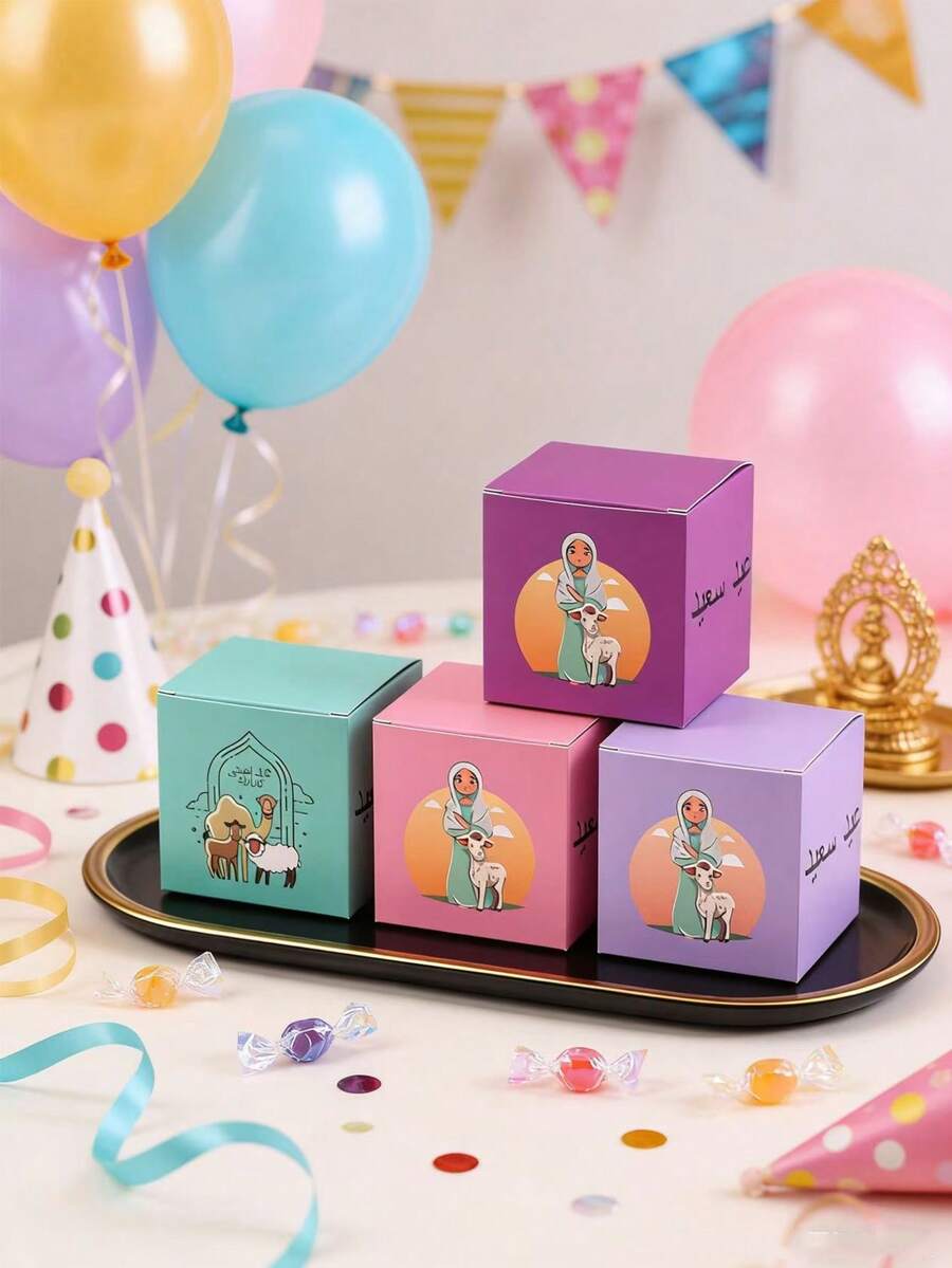 10 Peças/Pacote Caixas de Papel para Doces, Presentes e Lembrancinhas da Festa de Eid Al-Adha e Eid Mubarak, Novo Desenho de Lhama e Camelo - Visão 1
