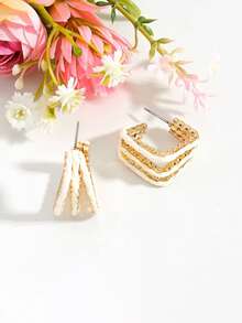 Khuyên tai vòng bằng dây xích vàng quấn sợi raffia, khuyên tai hình chữ C bện họa tiết, trang sức mùa hè đi biển dành cho nữ. - Nhiều màu - Xem 5