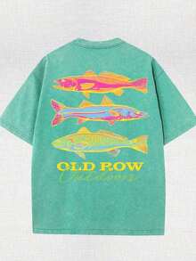 Casual Summer Washed Cotton T-Shirt [Old Row Outdoor] Fish Print, Round Neck, Short Sleeves, Lightweight Cotton Knitted Fabric, Casual Summer Round Neck Shirt| Rib Details. - 紫色 - 查看 7