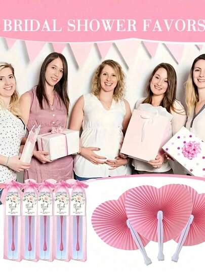 3/15/18件套粉色纸扇套装，包含心形扇子、花卉感谢卡和束口袋，适合作为新娘礼物、伴娘道具、婚礼仪式手持扇、单身派对回礼、婚礼招待会装饰、婚礼签到礼物、婚礼纪念品、睡衣派对回礼。