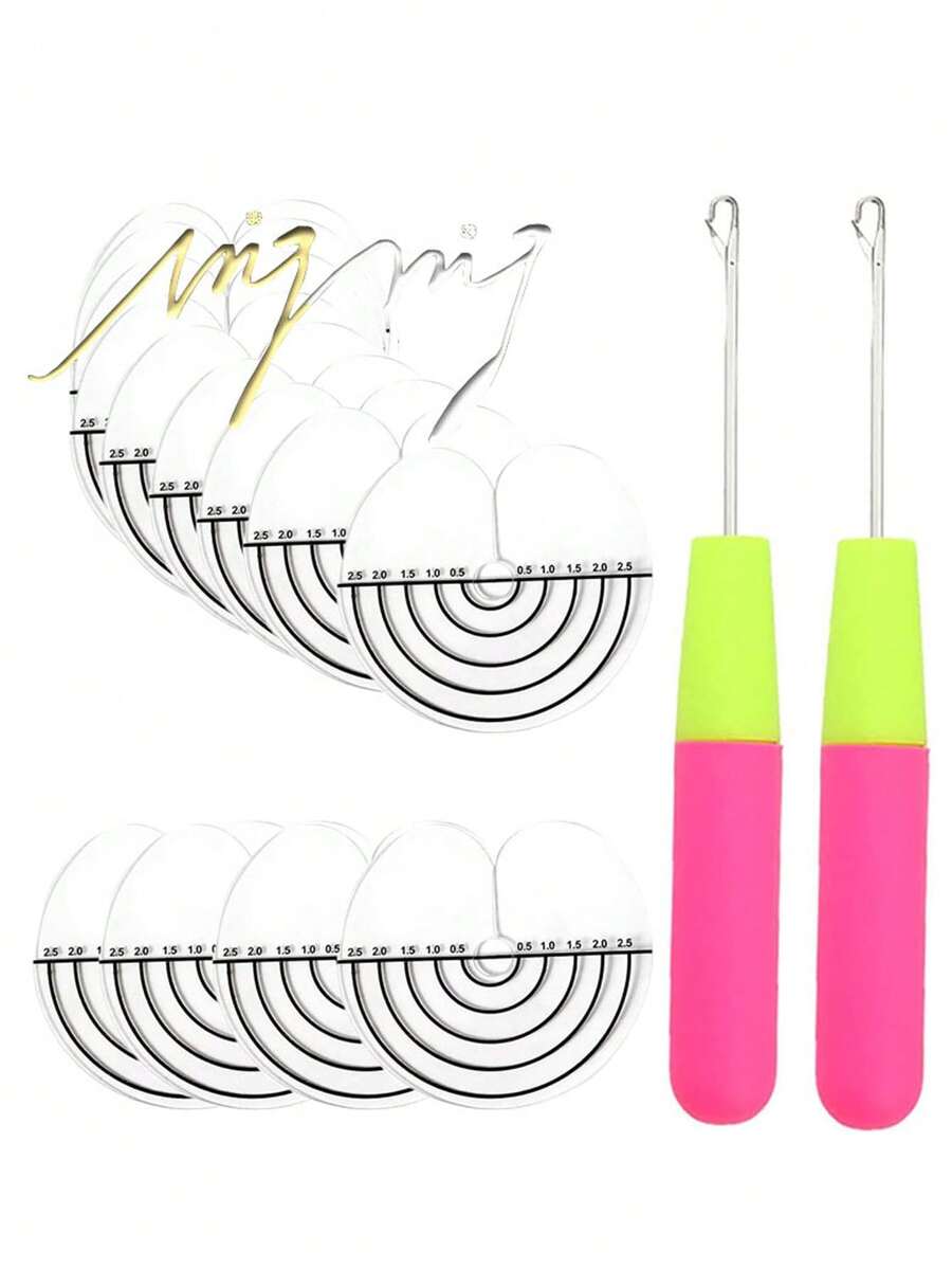 圆形接发垫模板，带保护带和刻度尺，单孔粘性保护垫，透明耐热垫工具套装，带粉色手柄钩针 - 彩色 - 查看 1